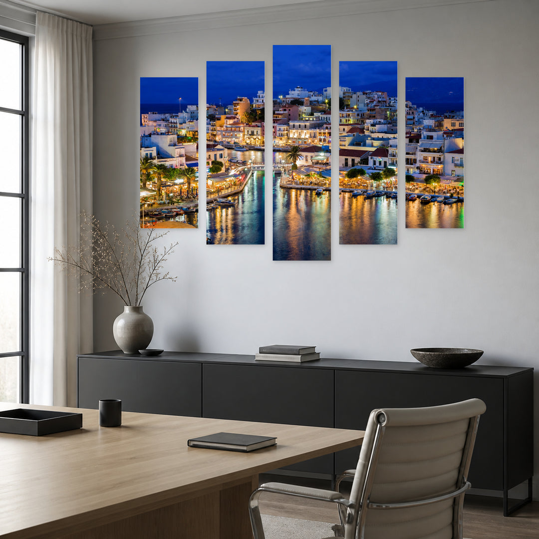 Agios Nikolaos Night View in Serene Light — five-panel wall art in frontal interior | 5wallart 51300 M3