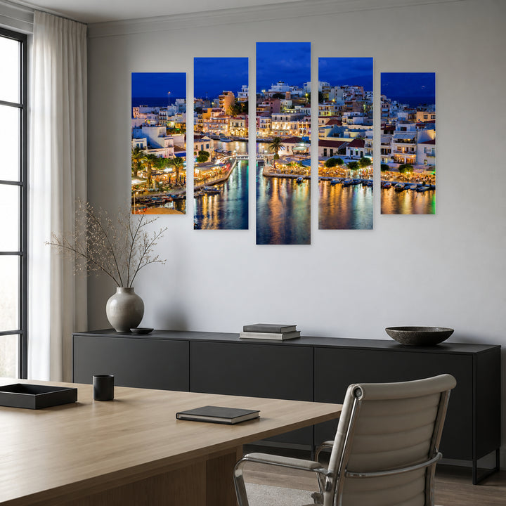 Agios Nikolaos Night View in Serene Light — five-panel wall art in frontal interior | 5wallart 51300 M3