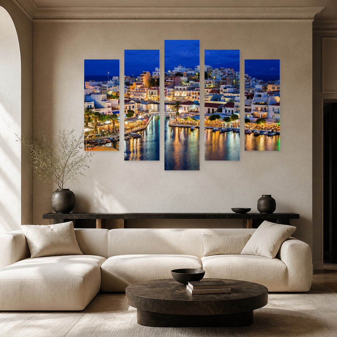 Agios Nikolaos Night View in Serene Light — five-panel wall art in alternate frontal interior | 5wallart 51300 M4