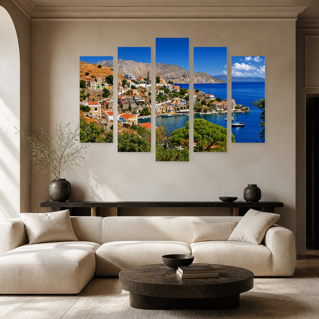 Beautiful Island of Symi with Geometric Rhythm — five-panel wall art in frontal interior | 5wallart 51303 M3