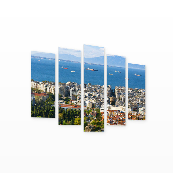 Thessaloniki from Above in Serene Light — five-panel wall art on white background in perspective | 5wallart 51304 M1