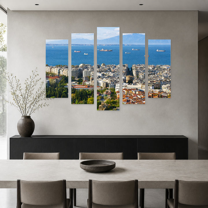 Thessaloniki from Above in Serene Light — five-panel wall art in frontal interior | 5wallart 51304 M3