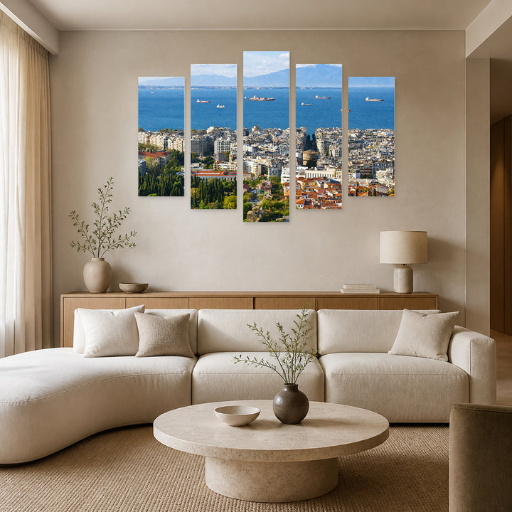 Thessaloniki from Above in Serene Light — five-panel wall art in alternate frontal interior | 5wallart 51304 M4