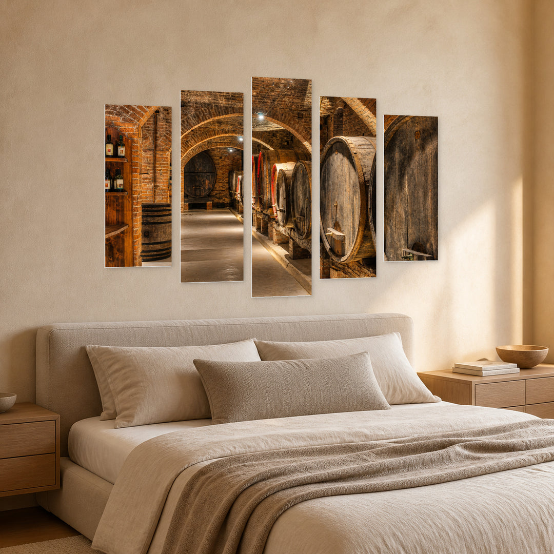 Winery in Greece in Blue and Gold — five-panel wall art in perspective interior | 5wallart 51305 M2