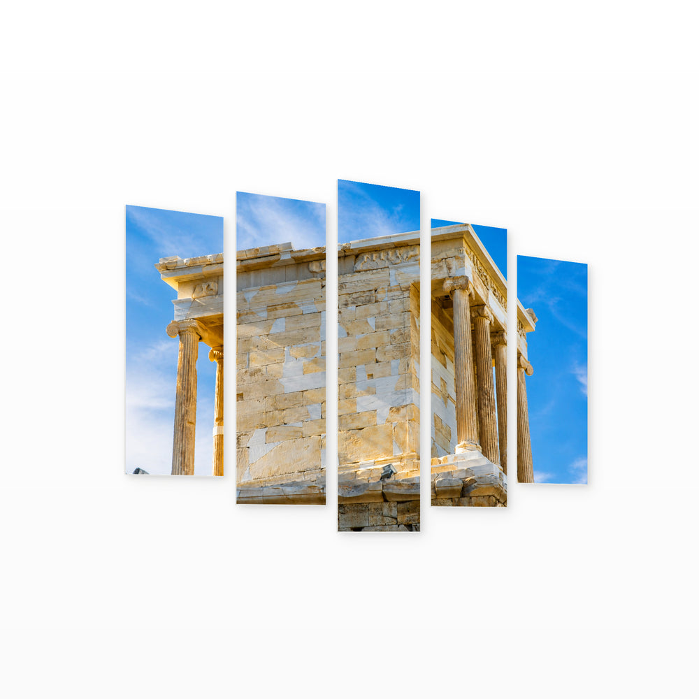 Temple in the Acropolis in Blue and Gold — five-panel wall art on white background in perspective | 5wallart 51307 M1