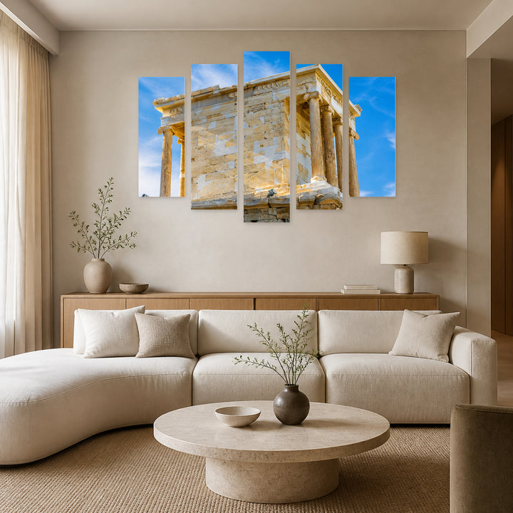 Temple in the Acropolis in Blue and Gold — five-panel wall art in frontal interior | 5wallart 51307 M3
