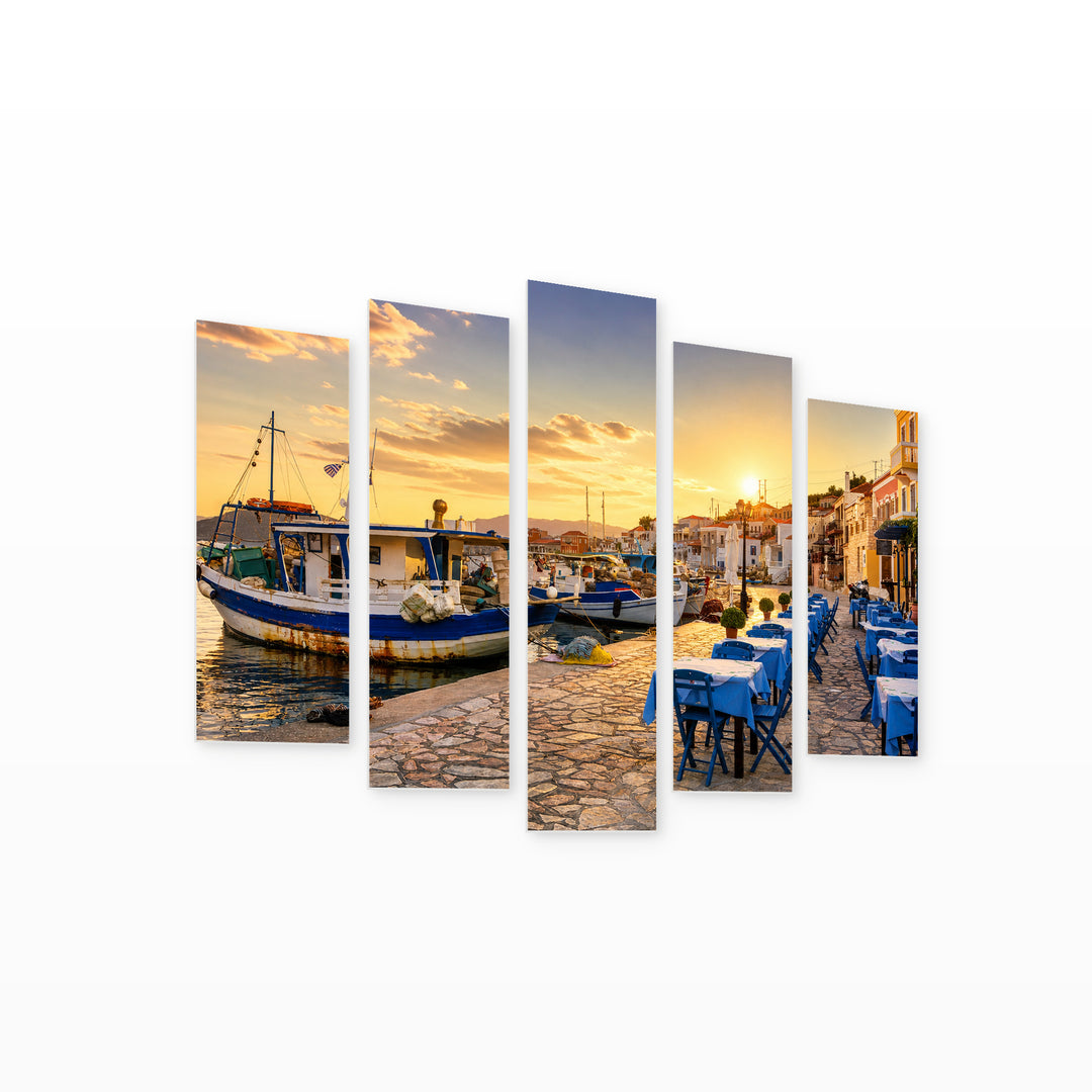 Chalki Island at Golden Sunset — five-panel wall art on white background in perspective | 5wallart 51309 M1