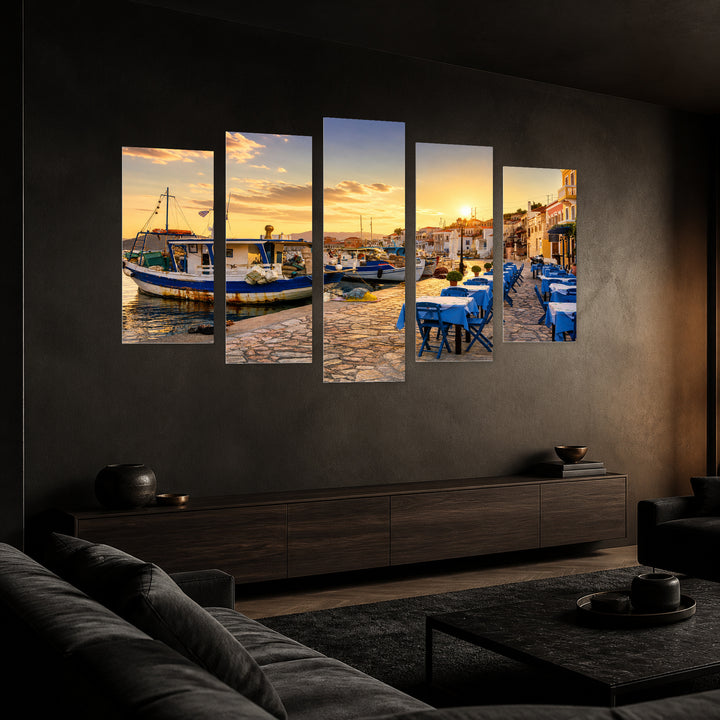 Chalki Island at Golden Sunset — five-panel wall art in perspective interior | 5wallart 51309 M2