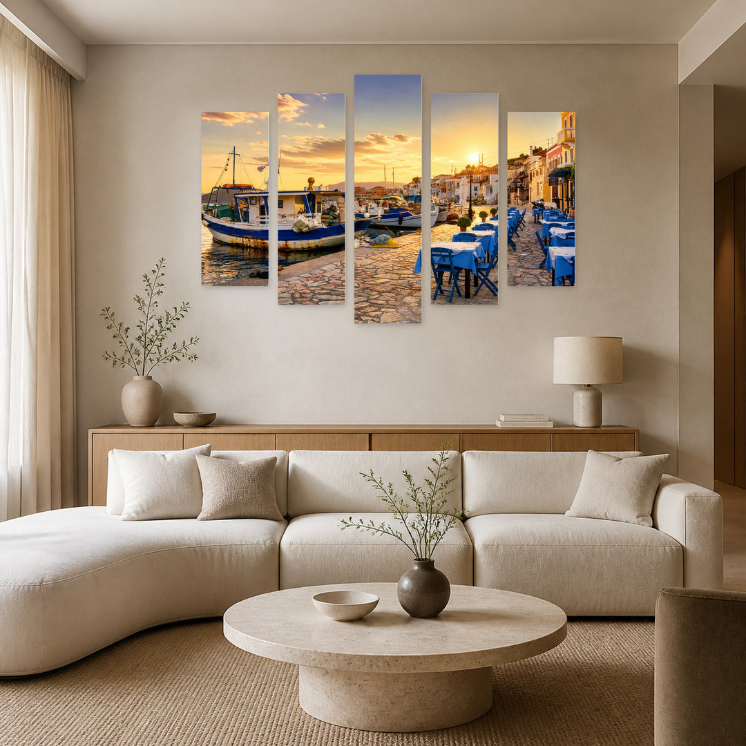 Chalki Island at Golden Sunset — five-panel wall art in frontal interior | 5wallart 51309 M3