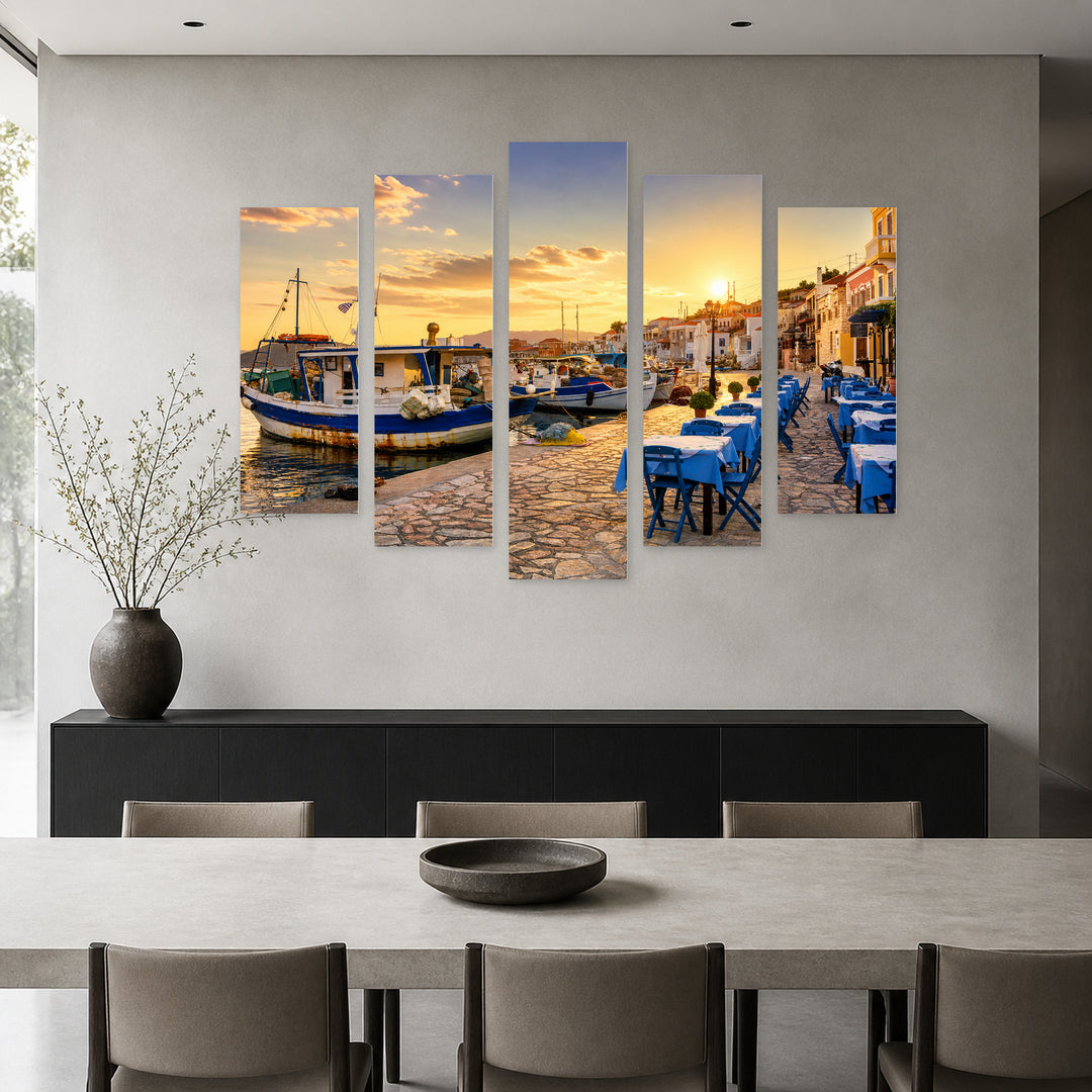 Chalki Island at Golden Sunset — five-panel wall art in alternate frontal interior | 5wallart 51309 M4