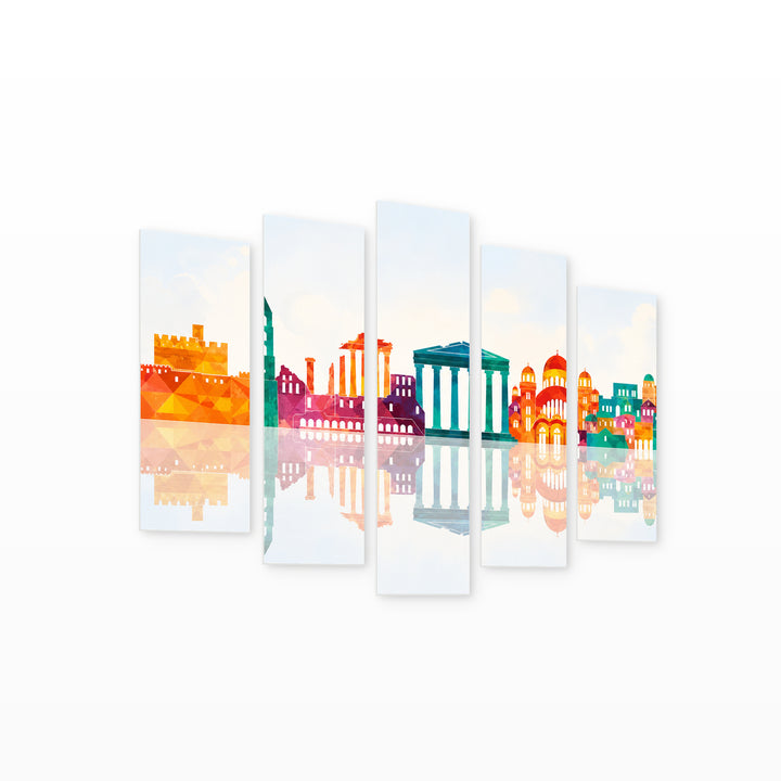 Greece Illustration in Serene Light — five-panel wall art on white background in perspective | 5wallart 51310 M1