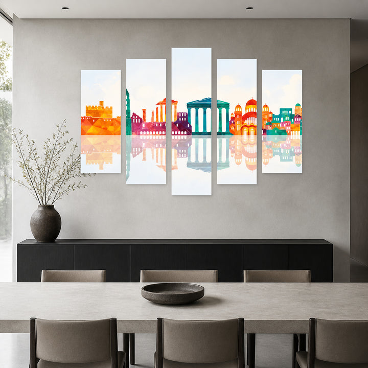 Greece Illustration in Serene Light — five-panel wall art in frontal interior | 5wallart 51310 M3