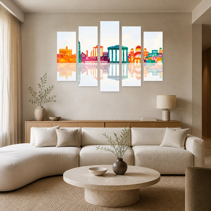 Greece Illustration in Serene Light — five-panel wall art in alternate frontal interior | 5wallart 51310 M4