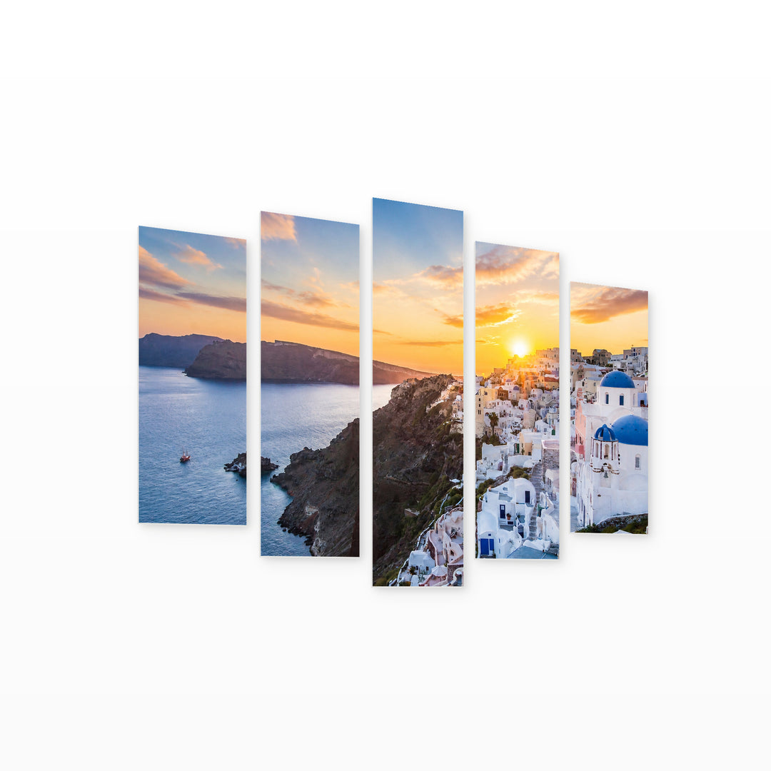 Santorini, Greece Sunset Glow — five-panel wall art on white background in perspective | 5wallart 51311 M1