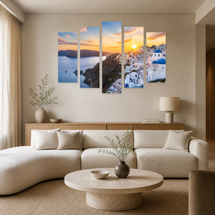 Santorini, Greece Sunset Glow — five-panel wall art in frontal interior | 5wallart 51311 M3