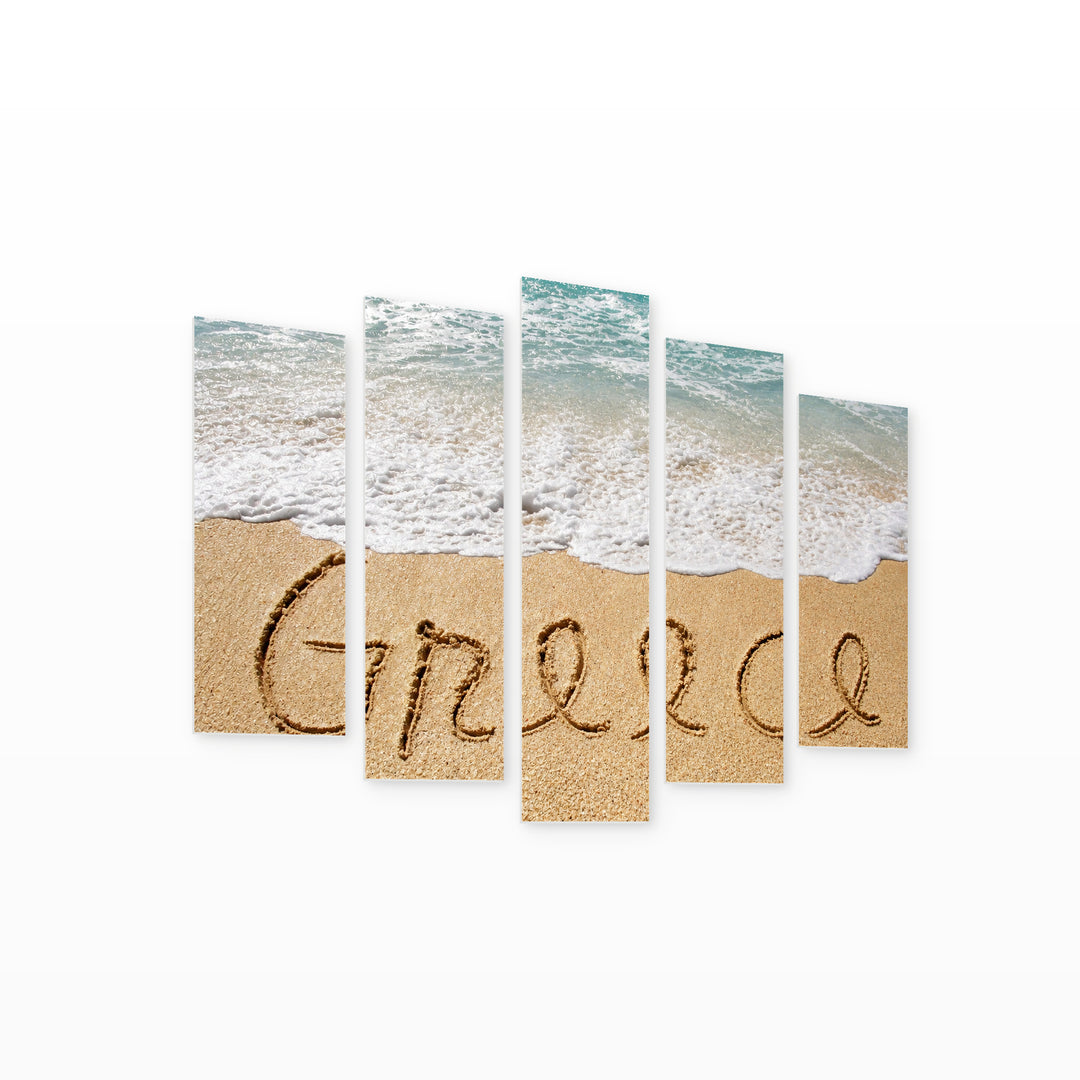Greece Inscription in Sand with Dreamlike Atmosphere — five-panel wall art on white background in perspective | 5wallart 51315 M1