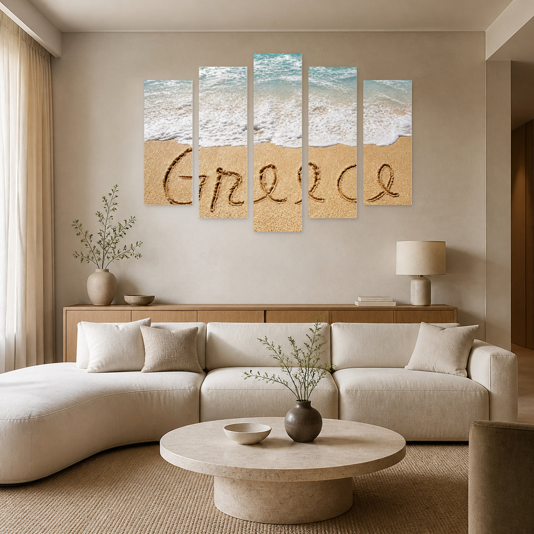 Greece Inscription in Sand with Dreamlike Atmosphere — five-panel wall art in frontal interior | 5wallart 51315 M3