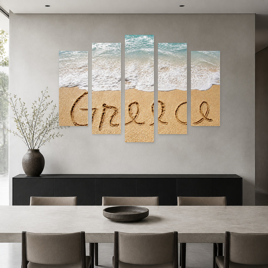 Greece Inscription in Sand with Dreamlike Atmosphere — five-panel wall art in alternate frontal interior | 5wallart 51315 M4
