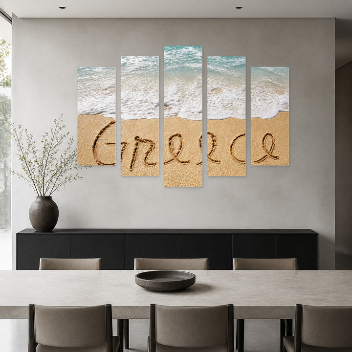 Greece Inscription in Sand with Dreamlike Atmosphere — five-panel wall art in alternate frontal interior | 5wallart 51315 M4