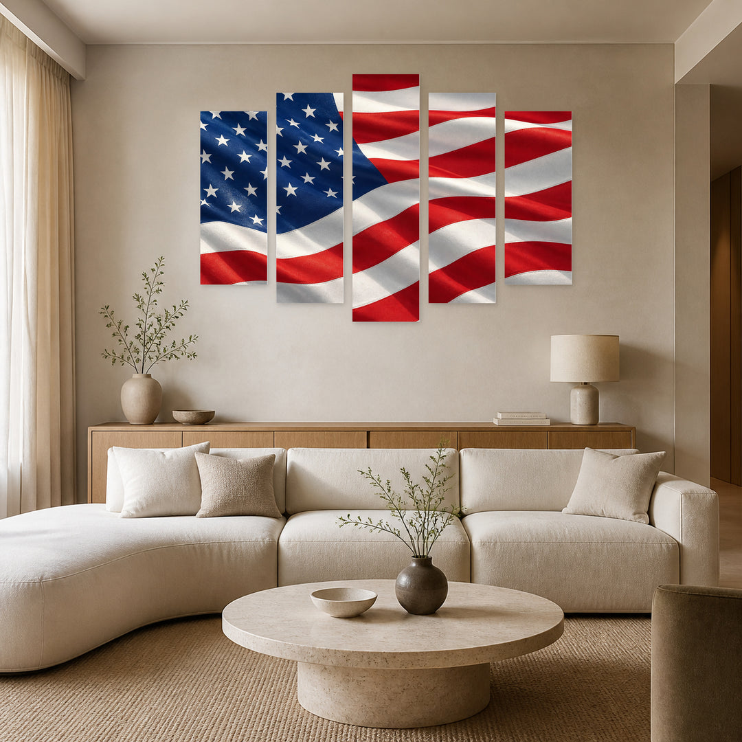 American Flag Urban Panorama — five-panel wall art in frontal interior | 5wallart 51319 M3