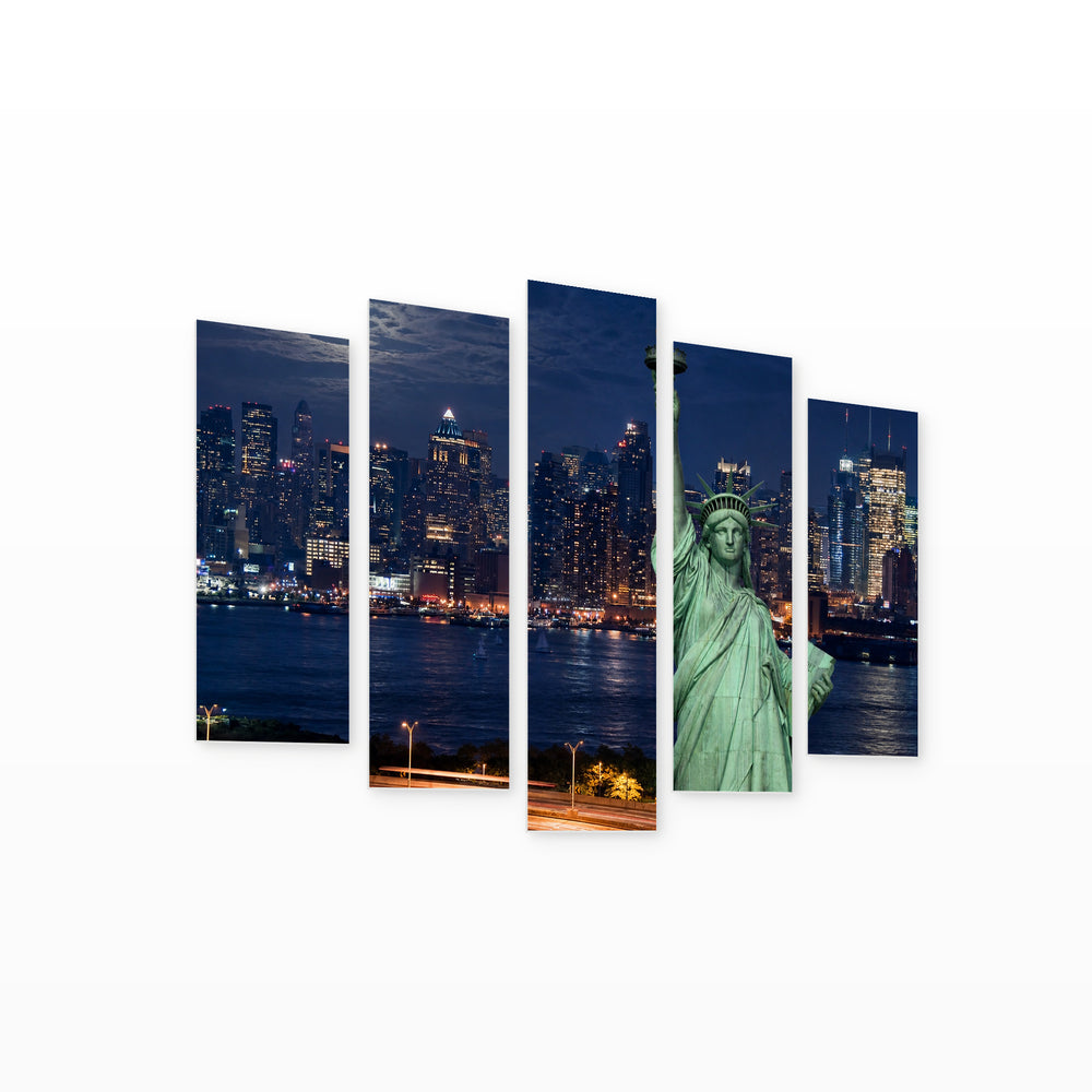 Statue of Liberty Night View under Moonlight — five-panel wall art on white background in perspective | 5wallart 51320 M1