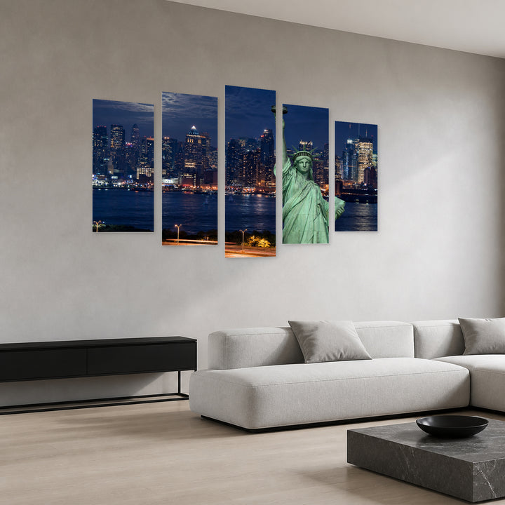 Statue of Liberty Night View under Moonlight — five-panel wall art in perspective interior | 5wallart 51320 M2
