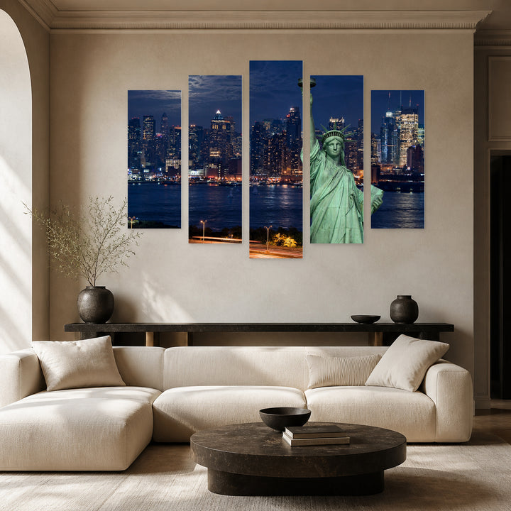 Statue of Liberty Night View under Moonlight — five-panel wall art in alternate frontal interior | 5wallart 51320 M4