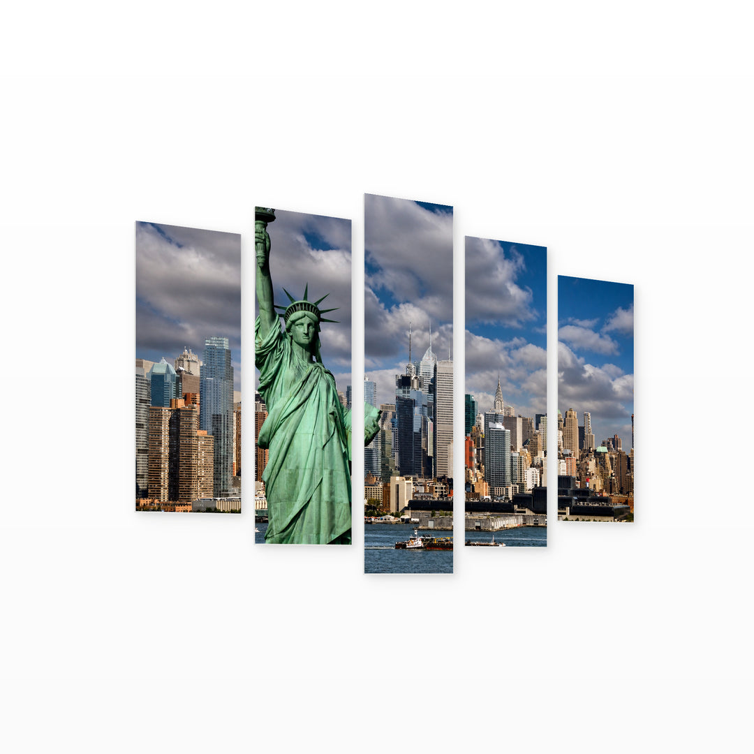 Statue of Liberty New York with Dramatic Contrast — five-panel wall art on white background in perspective | 5wallart 51321 M1