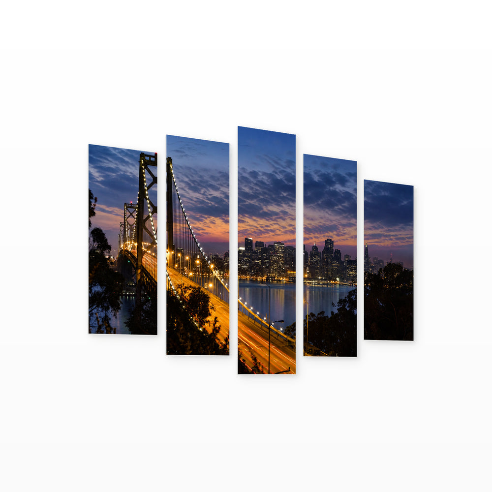 Bay Bridge San Francisco in Serene Light — five-panel wall art on white background in perspective | 5wallart 51324 M1