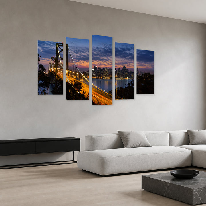 Bay Bridge San Francisco in Serene Light — five-panel wall art in perspective interior | 5wallart 51324 M2