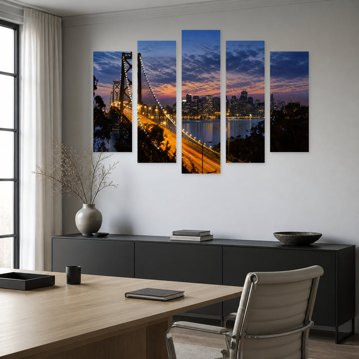 Bay Bridge San Francisco in Serene Light — five-panel wall art in frontal interior | 5wallart 51324 M3