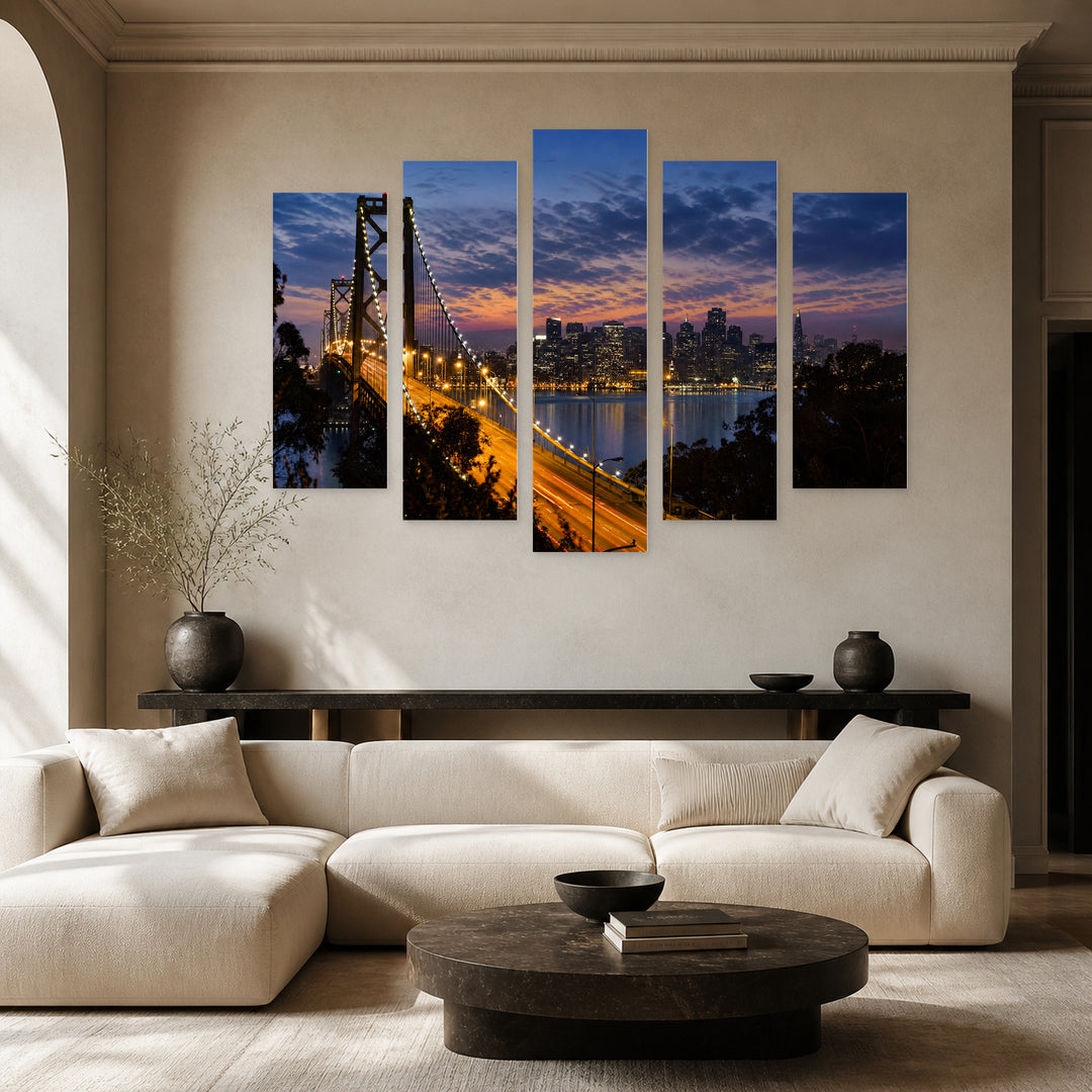 Bay Bridge San Francisco in Serene Light — five-panel wall art in alternate frontal interior | 5wallart 51324 M4