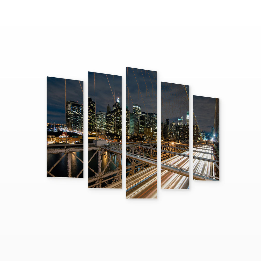 Brooklyn Bridge Traffic at Night — five-panel wall art on white background in perspective | 5wallart 51325 M1