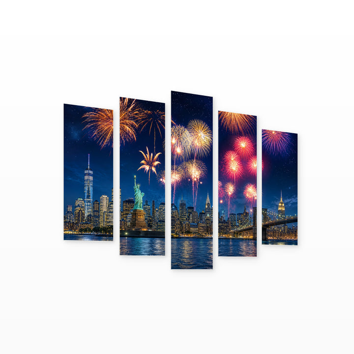New York Fireworks at Night — five-panel wall art on white background in perspective | 5wallart 51326 M1