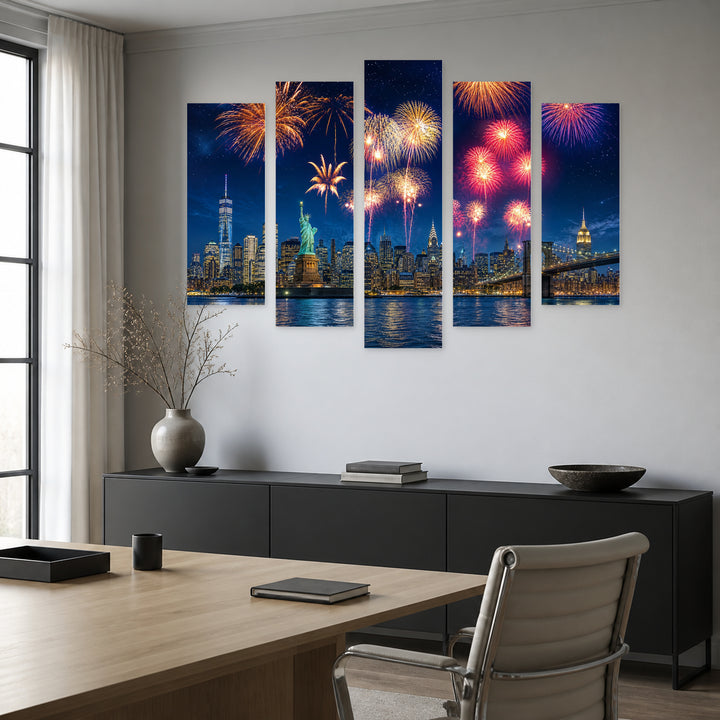 New York Fireworks at Night — five-panel wall art in frontal interior | 5wallart 51326 M3