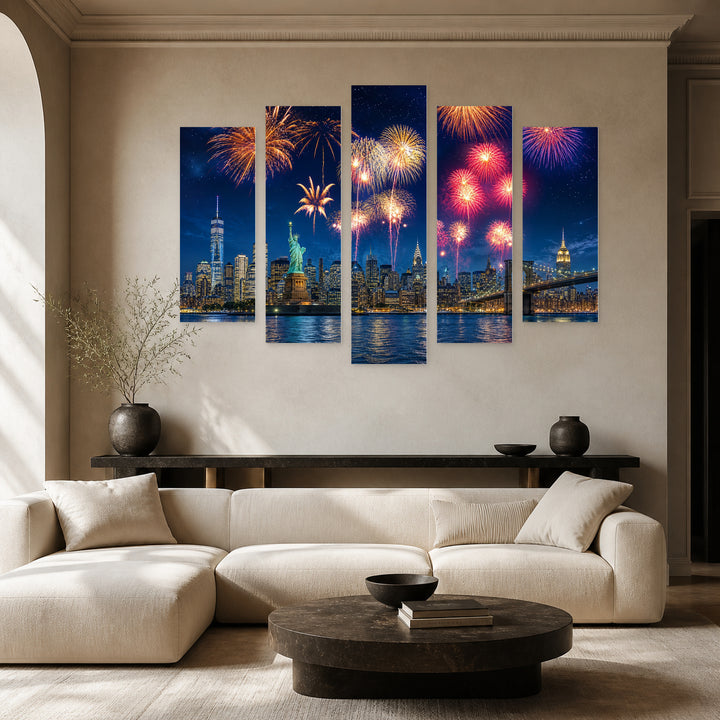 New York Fireworks at Night — five-panel wall art in alternate frontal interior | 5wallart 51326 M4