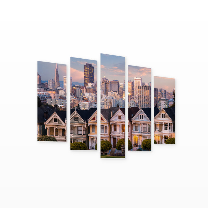 Houses in San Francisco in Soft Pastels — five-panel wall art on white background in perspective | 5wallart 51327 M1