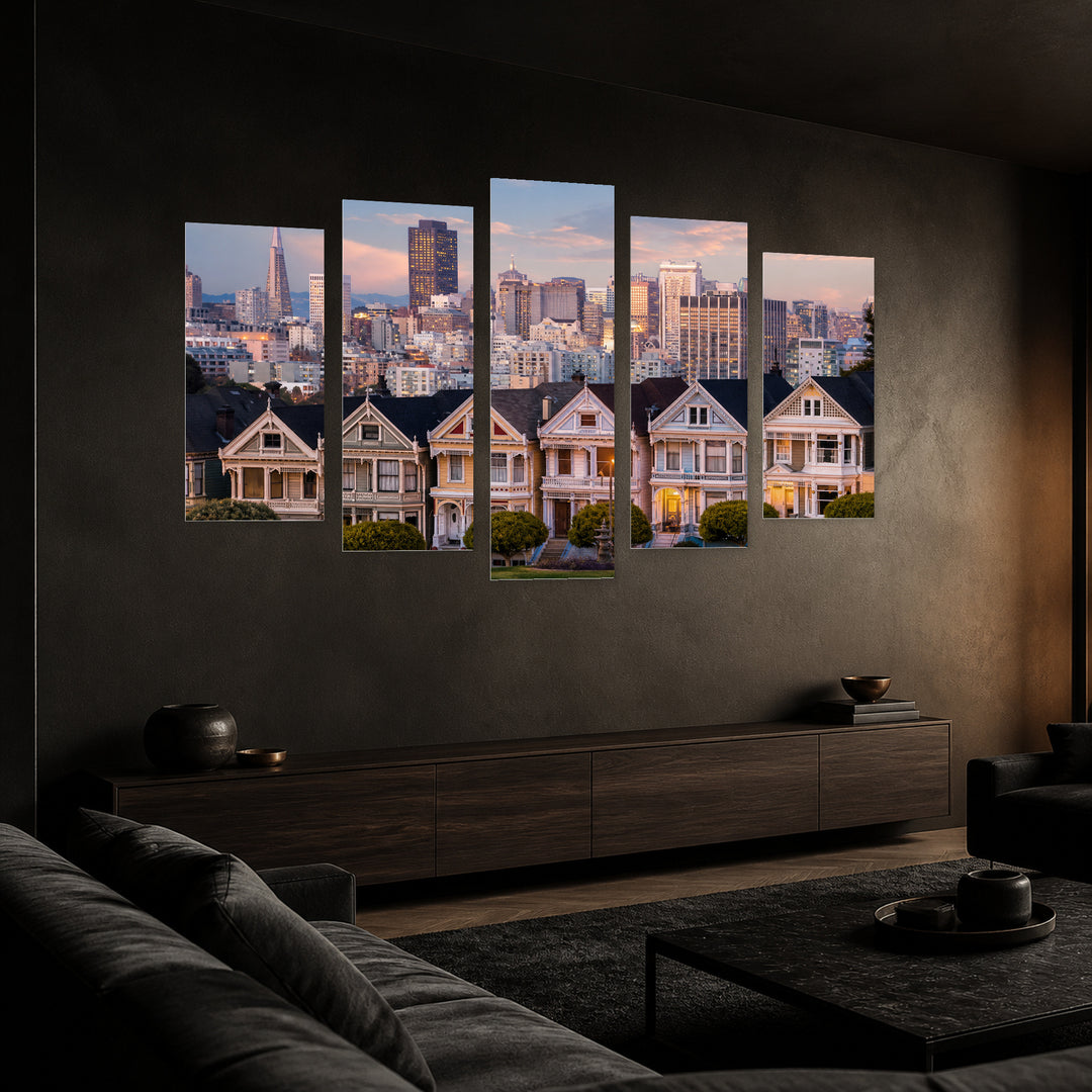 Houses in San Francisco in Soft Pastels — five-panel wall art in perspective interior | 5wallart 51327 M2