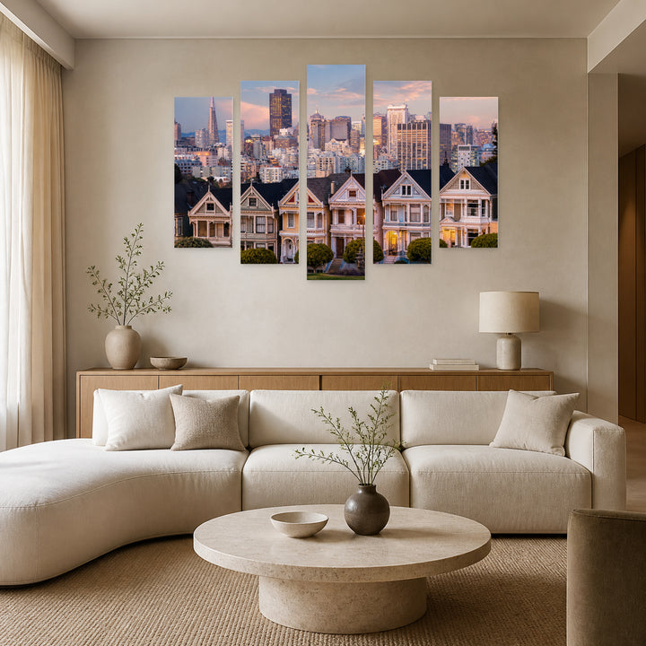 Houses in San Francisco in Soft Pastels — five-panel wall art in frontal interior | 5wallart 51327 M3