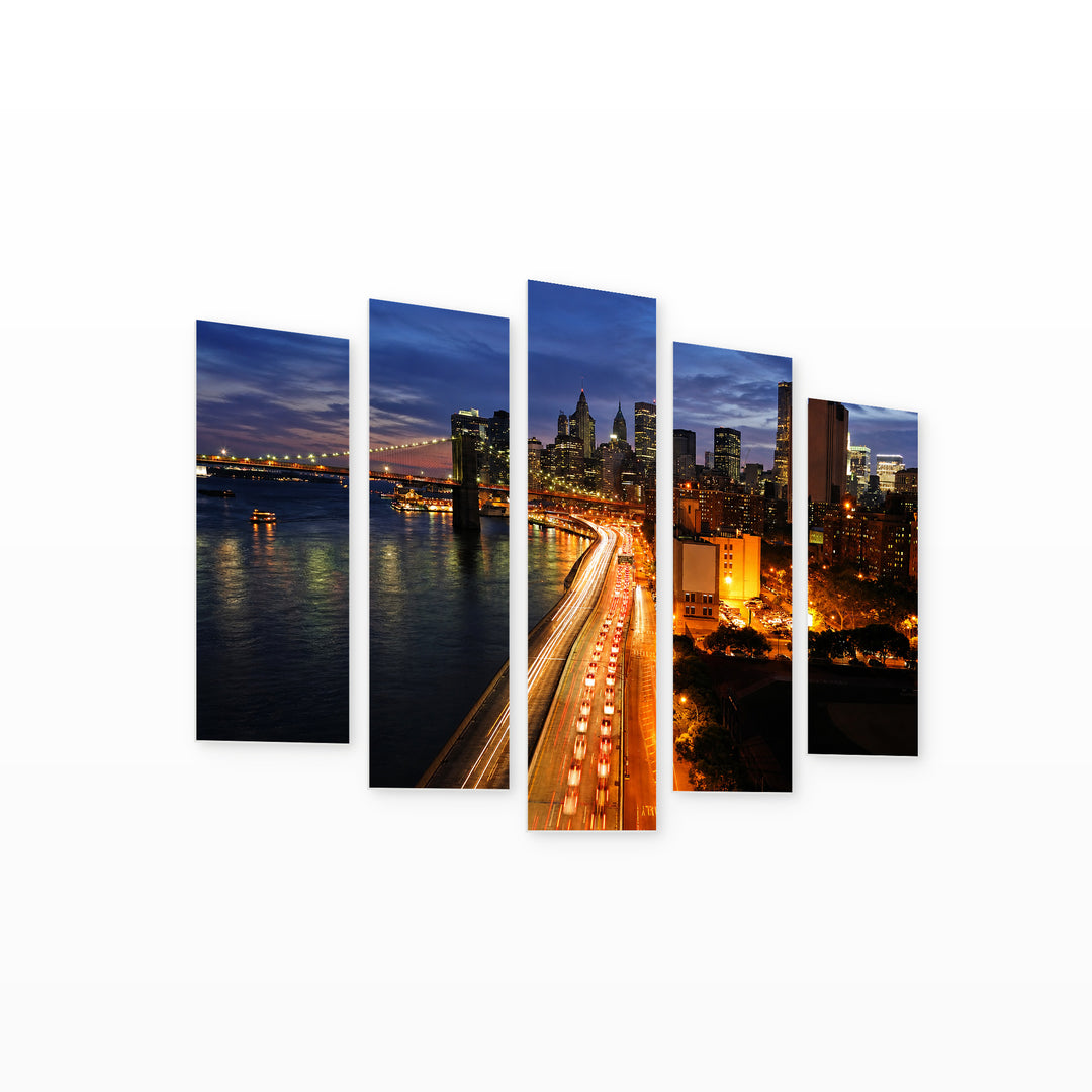 New York Manhattan, Downtown at Night — five-panel wall art on white background in perspective | 5wallart 51329 M1