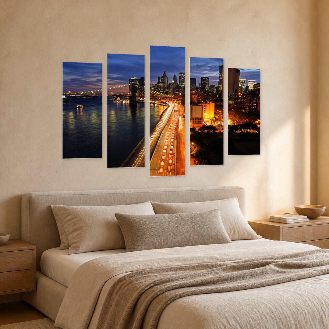 New York Manhattan, Downtown at Night — five-panel wall art in perspective interior | 5wallart 51329 M2