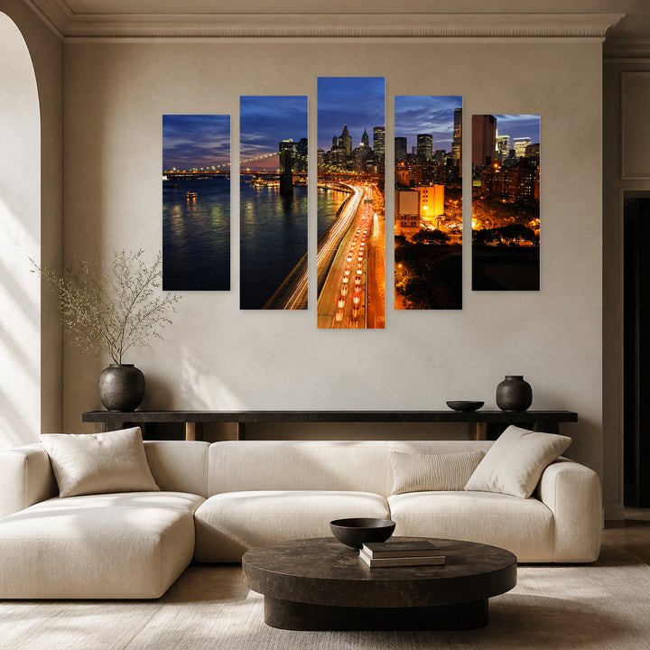 New York Manhattan, Downtown at Night — five-panel wall art in frontal interior | 5wallart 51329 M3
