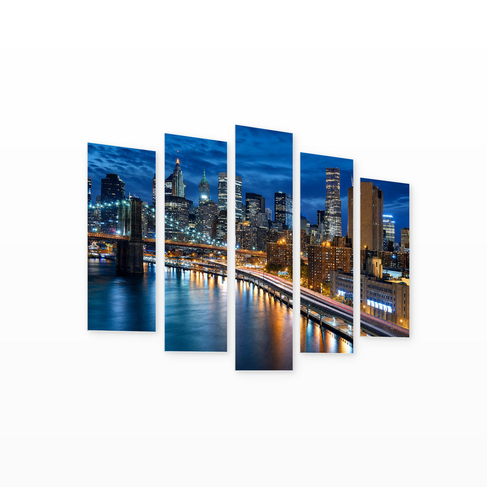 Manhattan Colorful Skyline — five-panel wall art on white background in perspective | 5wallart 51333 M1