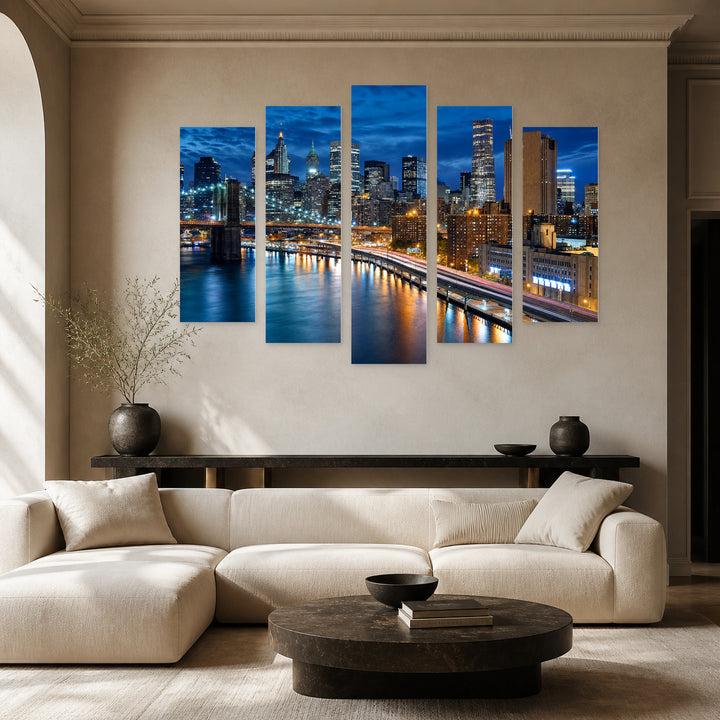 Manhattan Colorful Skyline — five-panel wall art in frontal interior | 5wallart 51333 M3