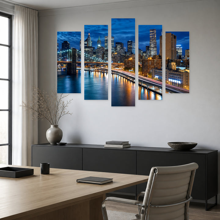 Manhattan Colorful Skyline — five-panel wall art in alternate frontal interior | 5wallart 51333 M4