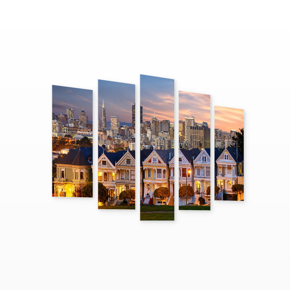 Alamo Square, USA with Dreamlike Atmosphere — five-panel wall art on white background in perspective | 5wallart 51338 M1