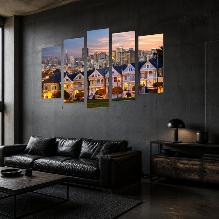 Alamo Square, USA with Dreamlike Atmosphere — five-panel wall art in perspective interior | 5wallart 51338 M2