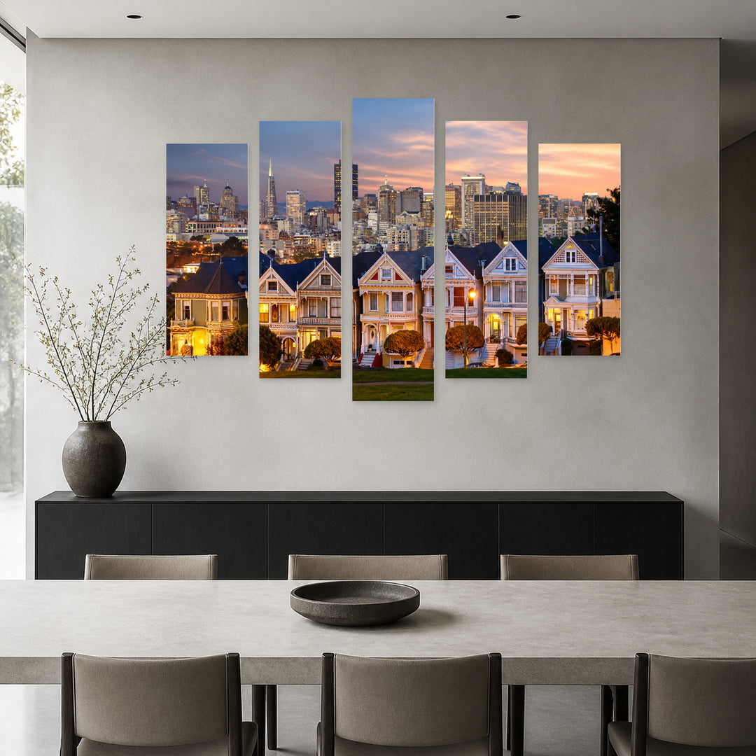 Alamo Square, USA with Dreamlike Atmosphere — five-panel wall art in frontal interior | 5wallart 51338 M3