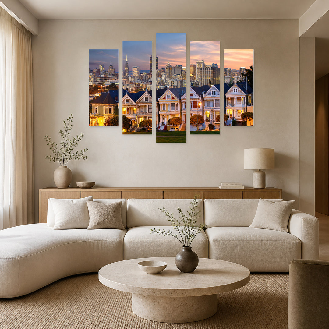 Alamo Square, USA with Dreamlike Atmosphere — five-panel wall art in alternate frontal interior | 5wallart 51338 M4