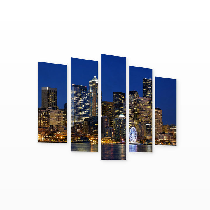 Seattle Downtown at Night — five-panel wall art on white background in perspective | 5wallart 51340 M1